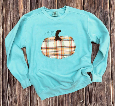 Plaid Pumpkin Chalky Mint Comfort Color Sweatshirt